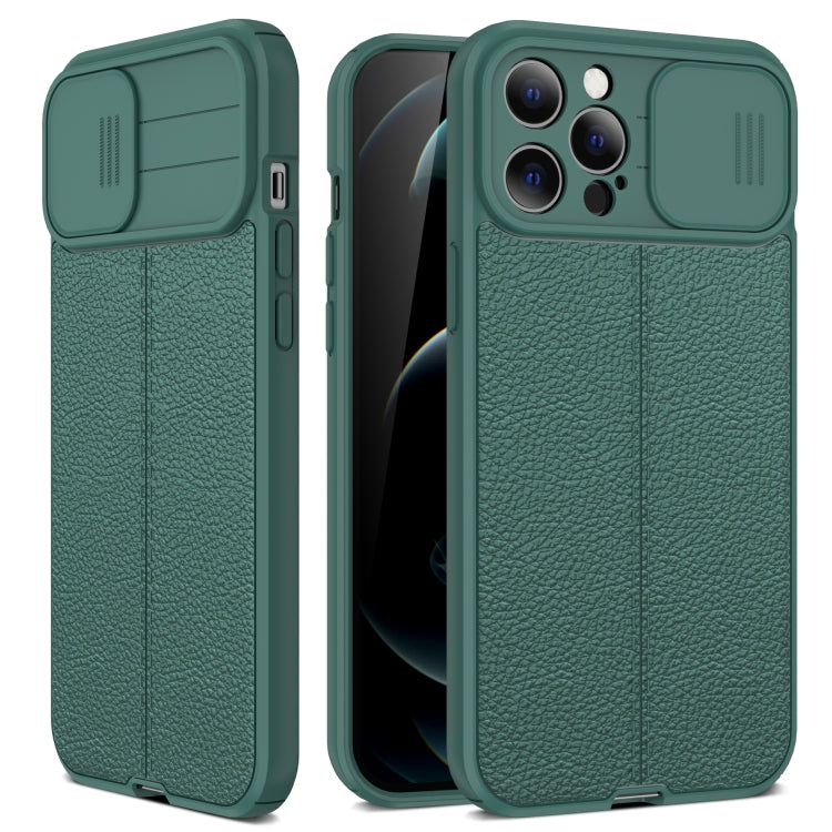 For iPhone 12 Pro Max Litchi Texture Sliding Camshield TPU Protective Case (Dark Green) - iPhone 12 Pro Max Cases by buy2fix | Online Shopping UK | buy2fix