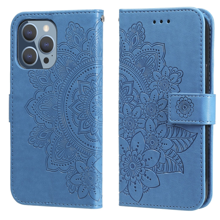 For iPhone 13 Pro 7-petal Flowers Embossing Pattern Horizontal Flip PU Leather Case with Holder & Card Slots & Wallet & Photo Frame (Blue) - iPhone 13 Pro Cases by buy2fix | Online Shopping UK | buy2fix