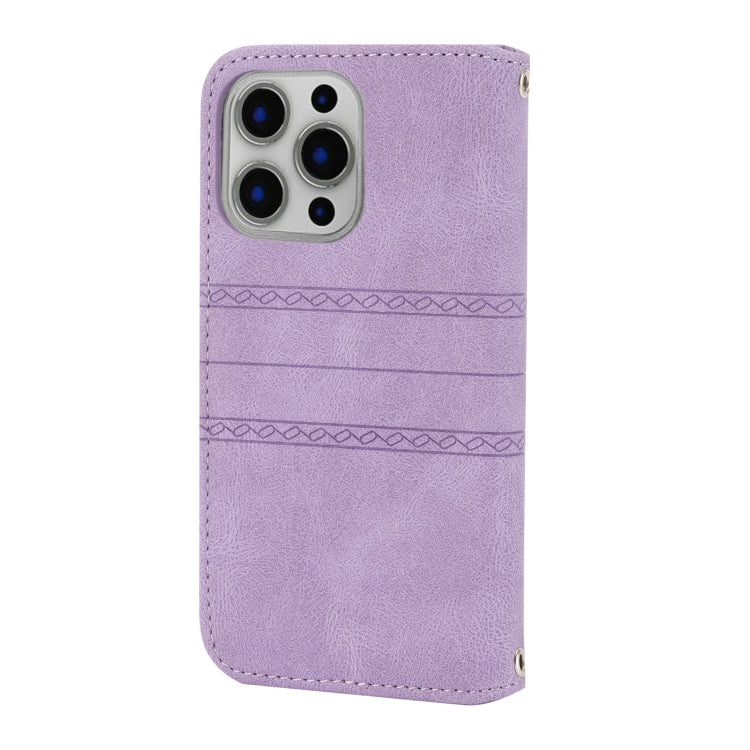 For iPhone 13 Embossed Striped Magnetic Buckle PU + TPU Horizontal Flip Leather Case with Holder & Card Slot & Wallet & Photo Frame & Sling(Purple) - iPhone 13 Cases by buy2fix | Online Shopping UK | buy2fix