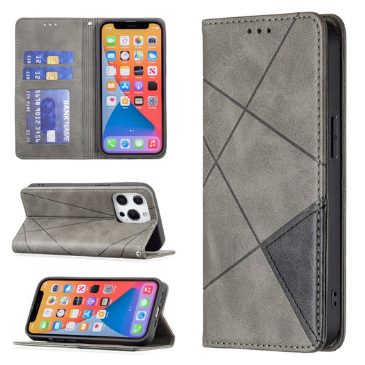 For iPhone 13 Pro Rhombus Texture Horizontal Flip Magnetic Leather Case with Holder & Card Slots (Grey) - iPhone 13 Pro Cases by buy2fix | Online Shopping UK | buy2fix