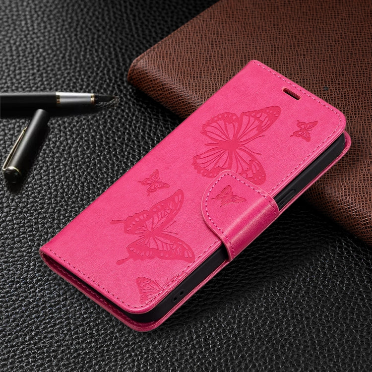 For iPhone 13 Embossing Two Butterflies Pattern Horizontal Flip PU Leather Case with Holder & Card Slot & Wallet & Lanyard(Rose Red) - iPhone 13 Cases by buy2fix | Online Shopping UK | buy2fix