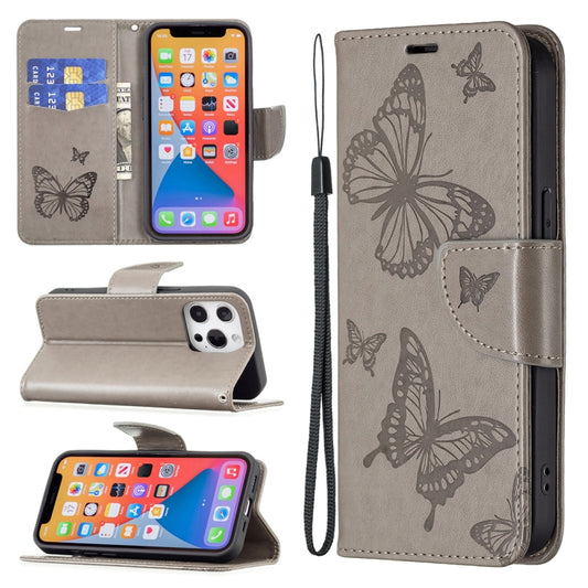 For iPhone 13 Pro Max Embossing Two Butterflies Pattern Horizontal Flip PU Leather Case with Holder & Card Slot & Wallet & Lanyard (Grey) - iPhone 13 Pro Max Cases by buy2fix | Online Shopping UK | buy2fix