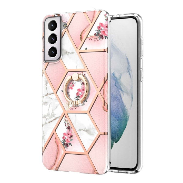 For Samsung Galaxy S21+  5G Electroplating Splicing Marble Flower Pattern TPU Shockproof Case with Rhinestone Ring Holder(Pink Flower) - Galaxy S21+ 5G Cases by buy2fix | Online Shopping UK | buy2fix