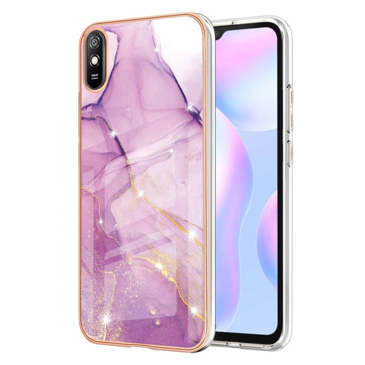 For Xiaomi Redmi 9A Electroplating Marble Pattern Dual-side IMD TPU Shockproof Case(Purple 001) - Xiaomi Cases by buy2fix | Online Shopping UK | buy2fix