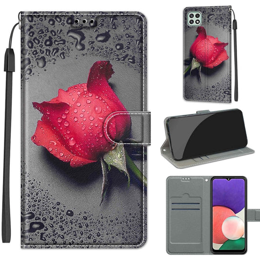 Voltage Coloured Drawing Magnetic Clasp Horizontal Flip PU Leather Case with Holder & Card Slots For Samsung Galaxy A22 5G(C14 Black Water Drop Rose) - Galaxy Phone Cases by buy2fix | Online Shopping UK | buy2fix