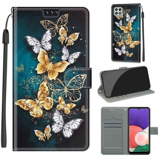 Voltage Coloured Drawing Magnetic Clasp Horizontal Flip PU Leather Case with Holder & Card Slots For Samsung Galaxy A22 5G(C20 Gold Silver Flying Butterflies) - Galaxy Phone Cases by buy2fix | Online Shopping UK | buy2fix