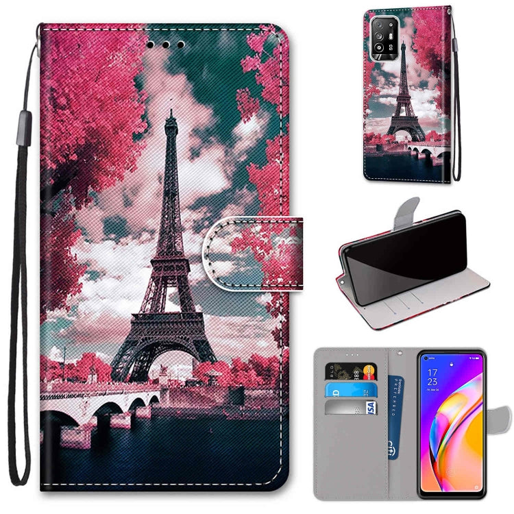 For OPPO F19 Pro+ 5G / A94 5G / A95 5G Coloured Drawing Cross Texture Horizontal Flip PU Leather Case with Holder & Card Slots & Wallet & Lanyard(Pink Flower Tower Bridge) - OPPO Cases by buy2fix | Online Shopping UK | buy2fix