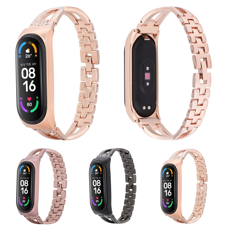 For Xiaomi Mi Band 6 / 5 X-shaped Diamond Alloy Watch Band(Rose Gold) - Watch Bands by buy2fix | Online Shopping UK | buy2fix