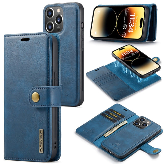 For iPhone 14 Pro DG.MING Crazy Horse Texture Detachable Magnetic Leather Case(Blue) - iPhone 14 Pro Cases by DG.MING | Online Shopping UK | buy2fix