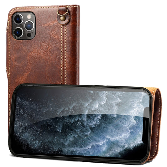 For iPhone 13 Pro Max Denior Oil Wax Cowhide Magnetic Button Genuine Leather Case(Brown) - iPhone 13 Pro Max Cases by Denior | Online Shopping UK | buy2fix