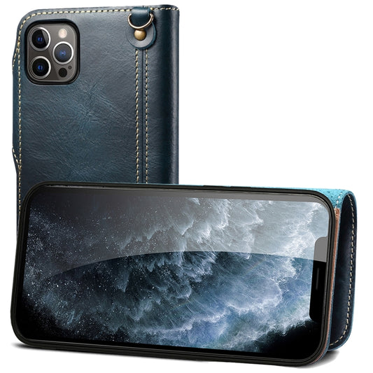 For iPhone 13 Pro Denior Oil Wax Cowhide Magnetic Button Genuine Leather Case(Dark Blue) - iPhone 13 Pro Cases by Denior | Online Shopping UK | buy2fix