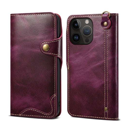 For iPhone 12 / 12 Pro Denior Oil Wax Cowhide Magnetic Button Genuine Leather Case (Purple) - iPhone 12 / 12 Pro Cases by Denior | Online Shopping UK | buy2fix