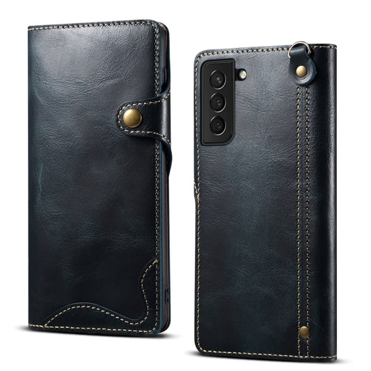 For Samsung Galaxy S21 5G Denior Oil Wax Cowhide Magnetic Button Genuine Leather Case(Dark Blue) - Galaxy S21 5G Cases by Denior | Online Shopping UK | buy2fix