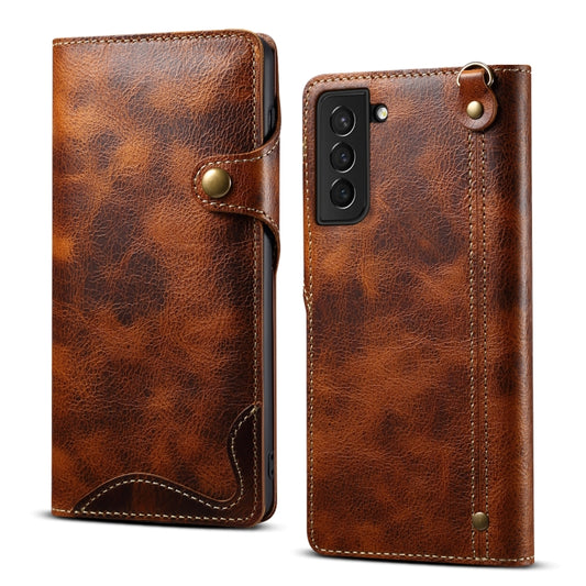 For Samsung Galaxy S21 5G Denior Oil Wax Cowhide Magnetic Button Genuine Leather Case(Brown) - Galaxy S21 5G Cases by Denior | Online Shopping UK | buy2fix