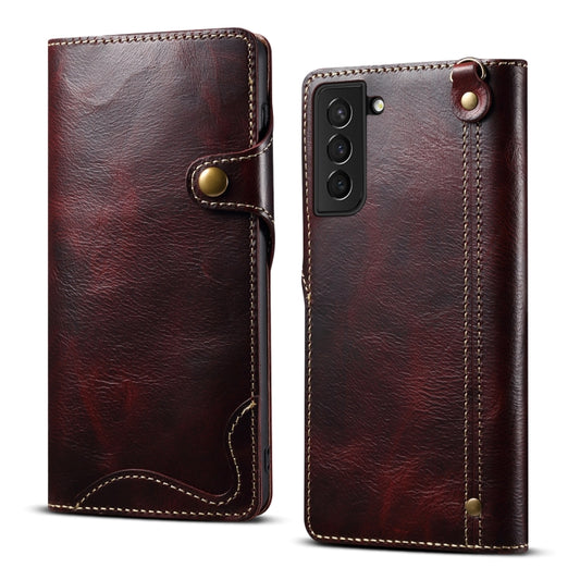 For Samsung Galaxy S21+ 5G Denior Oil Wax Cowhide Magnetic Button Genuine Leather Case(Dark Red) - Galaxy S21+ 5G Cases by Denior | Online Shopping UK | buy2fix