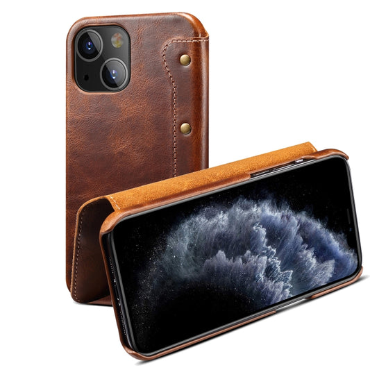 For iPhone 13 Denior Oil Wax Top Layer Cowhide Simple Flip Leather Case(Brown) - iPhone 13 Cases by Denior | Online Shopping UK | buy2fix