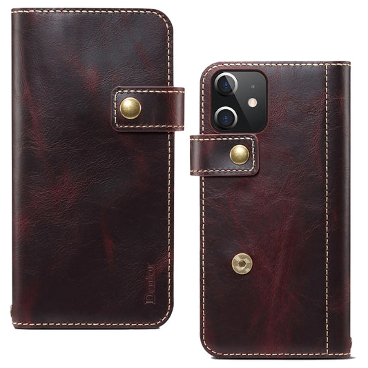 For iPhone 12 mini Denior Oil Wax Cowhide DK Magnetic Button Leather Phone Case(Dark Red) - iPhone 12 mini Cases by Denior | Online Shopping UK | buy2fix