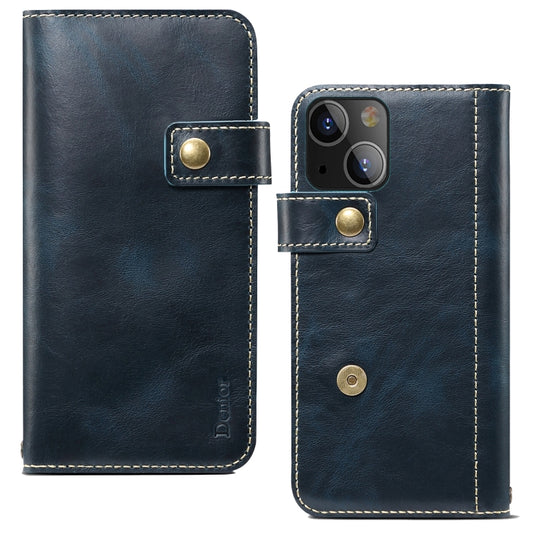 For iPhone 13 mini Denior Oil Wax Cowhide DK Magnetic Button Leather Phone Case(Dark Blue) - iPhone 13 mini Cases by Denior | Online Shopping UK | buy2fix