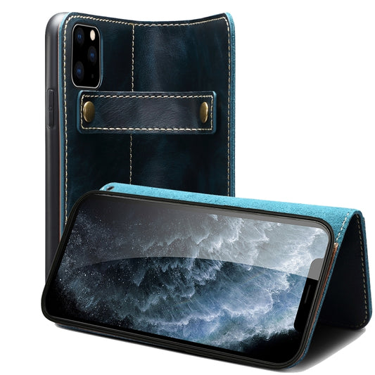 For iPhone 13 Pro Denior Oil Wax Cowhide DK Magnetic Button Leather Phone Case(Dark Blue) - iPhone 13 Pro Cases by Denior | Online Shopping UK | buy2fix