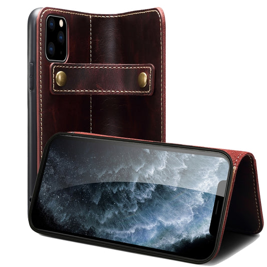 For iPhone 13 Pro Denior Oil Wax Cowhide DK Magnetic Button Leather Phone Case(Dark Red) - iPhone 13 Pro Cases by Denior | Online Shopping UK | buy2fix