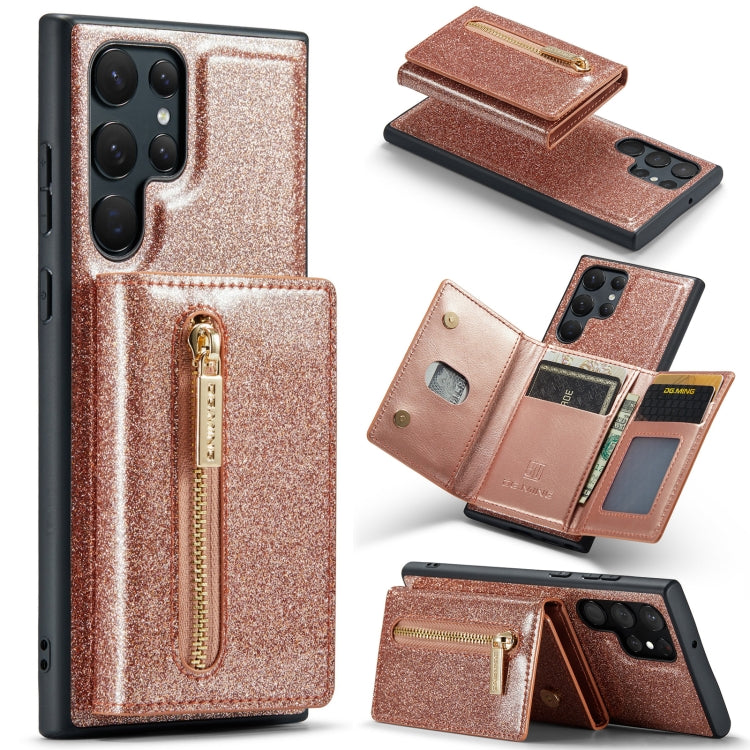 For Samsung Galaxy S22 Ultra 5G DG.MING M3 Series Glitter Powder Card Bag Leather Case(Rose Gold) - Galaxy S22 Ultra 5G Cases by DG.MING | Online Shopping UK | buy2fix