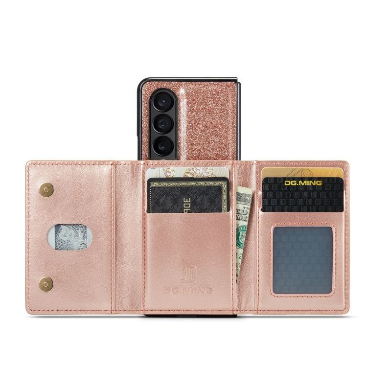 For Samsung Galaxy Z Fold3 5G DG.MING M3 Series Glitter Powder Card Bag Leather Case(Rose Gold) - Galaxy Phone Cases by DG.MING | Online Shopping UK | buy2fix