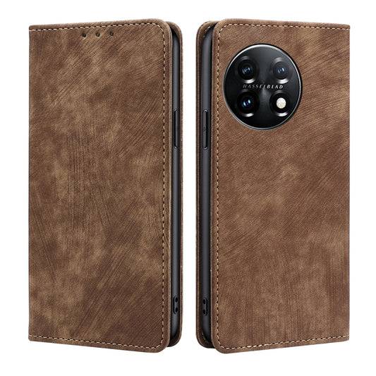 For OnePlus 11 RFID Anti-theft Brush Magnetic Leather Phone Case(Brown) - OnePlus Cases by buy2fix | Online Shopping UK | buy2fix