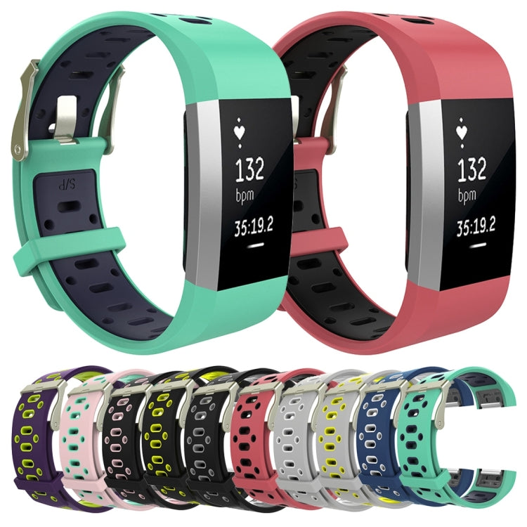 For Fitbit Charge 2 Two-tone Round Hole Silicone  Watch Band with Buckle(Pink + Green) - Watch Bands by buy2fix | Online Shopping UK | buy2fix