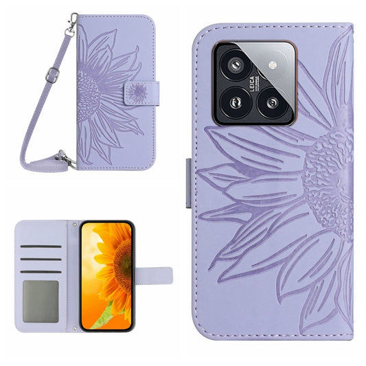 For Xiaomi 14 Skin Feel Sun Flower Embossed Flip Leather Phone Case with Lanyard(Purple) - 14 Cases by buy2fix | Online Shopping UK | buy2fix