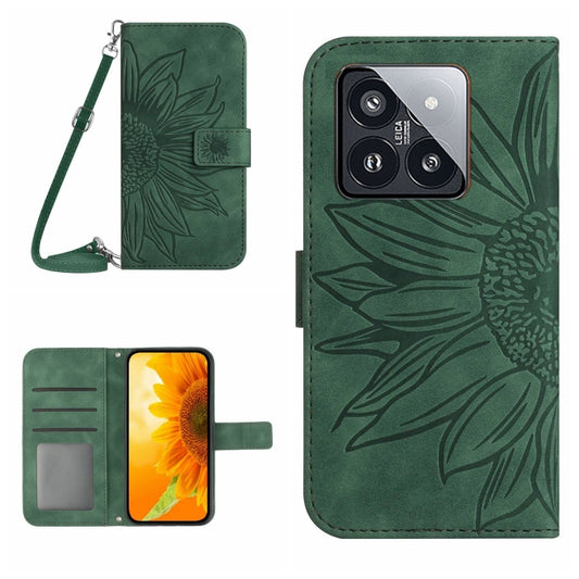 For Xiaomi 14 Pro Skin Feel Sun Flower Embossed Flip Leather Phone Case with Lanyard(Green) - 14 Pro Cases by buy2fix | Online Shopping UK | buy2fix