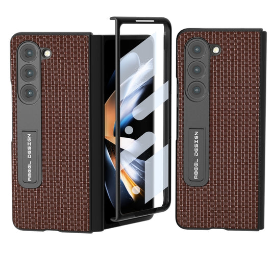 For Samsung Galaxy Z Fold5 ABEEL Integrated Genuine Leather Luxury Series Phone Case with Holder(Coffee) - Galaxy Z Fold5 Cases by buy2fix | Online Shopping UK | buy2fix