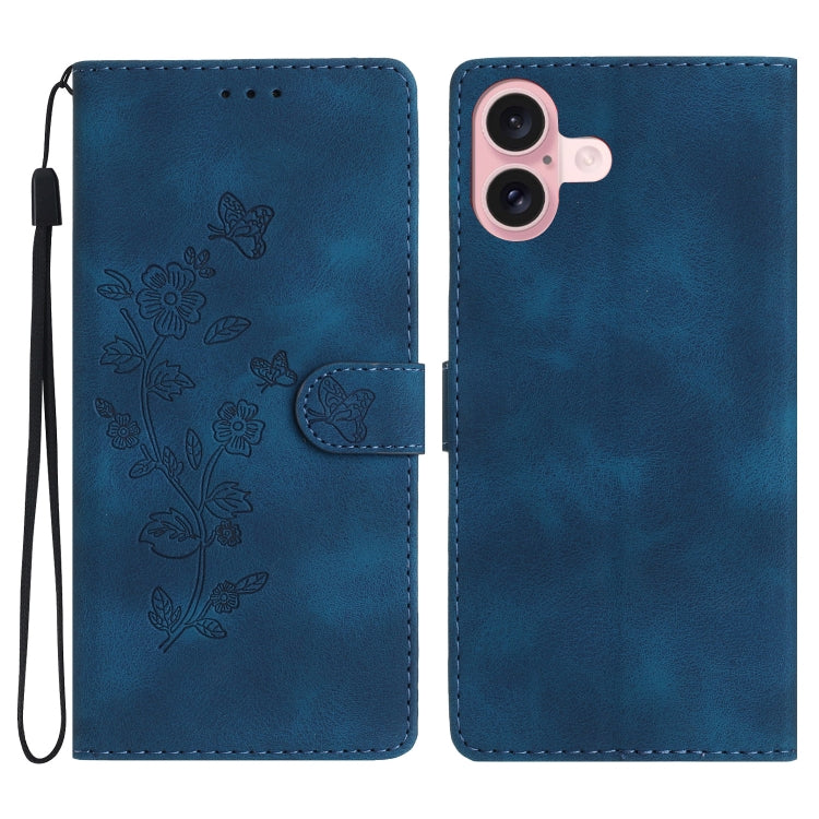 For iPhone 16 Flower Butterfly Embossing Pattern Leather Phone Case(Blue) - iPhone 16 Cases by buy2fix | Online Shopping UK | buy2fix