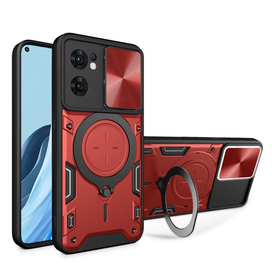 For OPPO Reno7 5G CD Texture Sliding Camshield Magnetic Holder Phone Case(Red) - OPPO Cases by buy2fix | Online Shopping UK | buy2fix