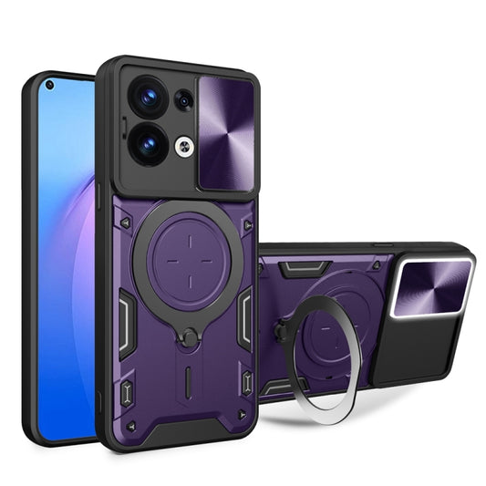 For OPPO Reno8 5G CD Texture Sliding Camshield Magnetic Holder Phone Case(Purple) - OPPO Cases by buy2fix | Online Shopping UK | buy2fix
