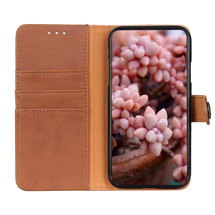 For iPhone 16 Plus KHAZNEH Cowhide Texture Horizontal Flip Leather Phone Case(Brown) - iPhone 16 Plus Cases by buy2fix | Online Shopping UK | buy2fix