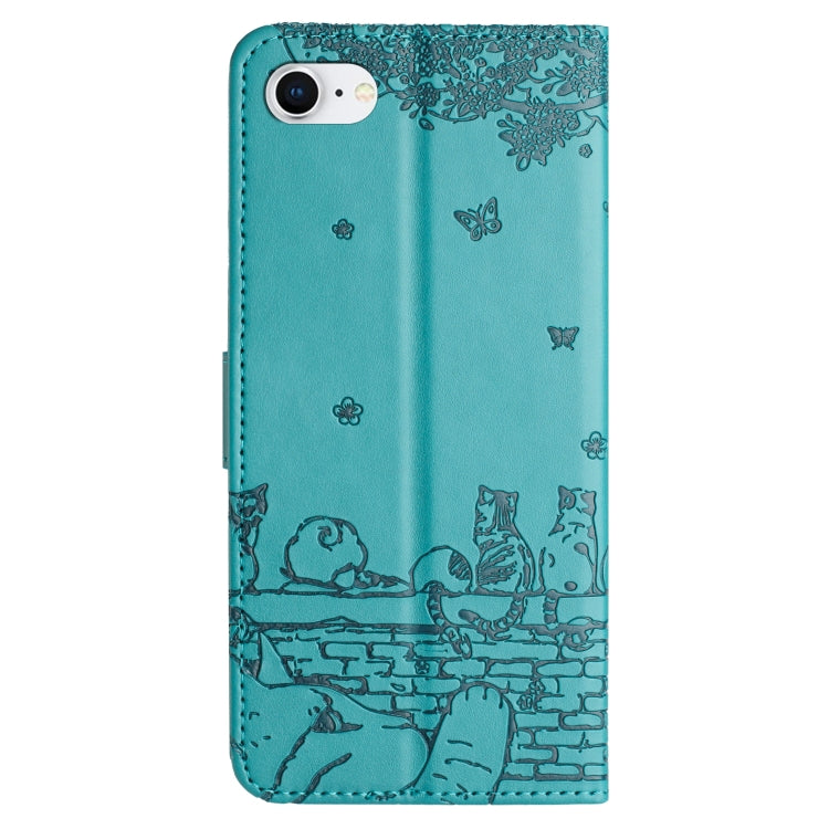 For iPhone SE 2024 Cat Embossing Pattern Leather Phone Case with Lanyard(Blue) - More iPhone Cases by buy2fix | Online Shopping UK | buy2fix