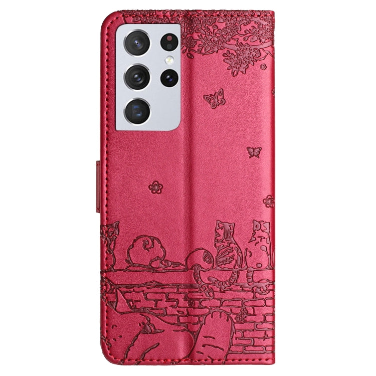 For Samsung Galaxy S21 Ultra Cat Embossing Pattern Leather Phone Case with Lanyard(Red) - Galaxy S21 Ultra 5G Cases by buy2fix | Online Shopping UK | buy2fix