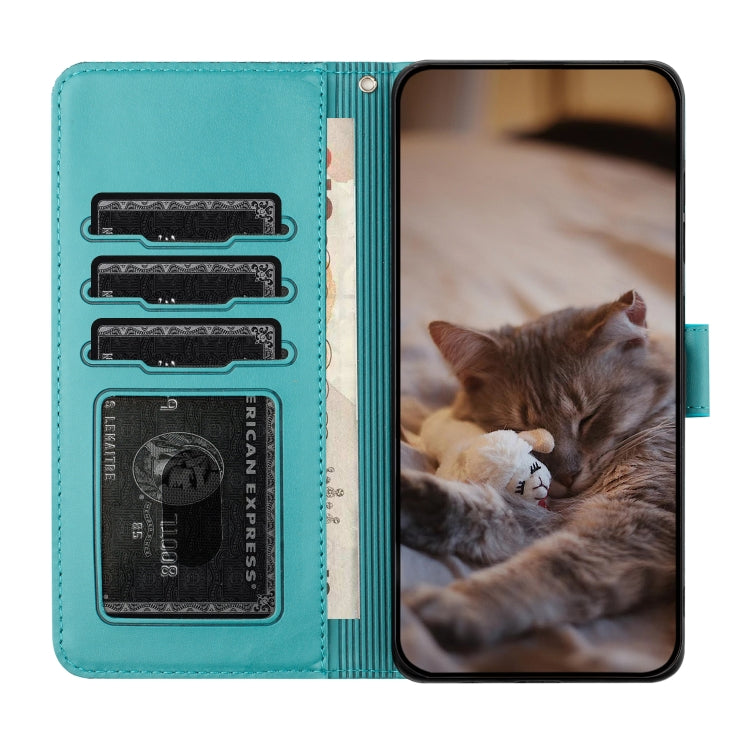 For Samsung Galaxy S22 Cat Embossing Pattern Leather Phone Case with Lanyard(Blue) - Galaxy S22 5G Cases by buy2fix | Online Shopping UK | buy2fix