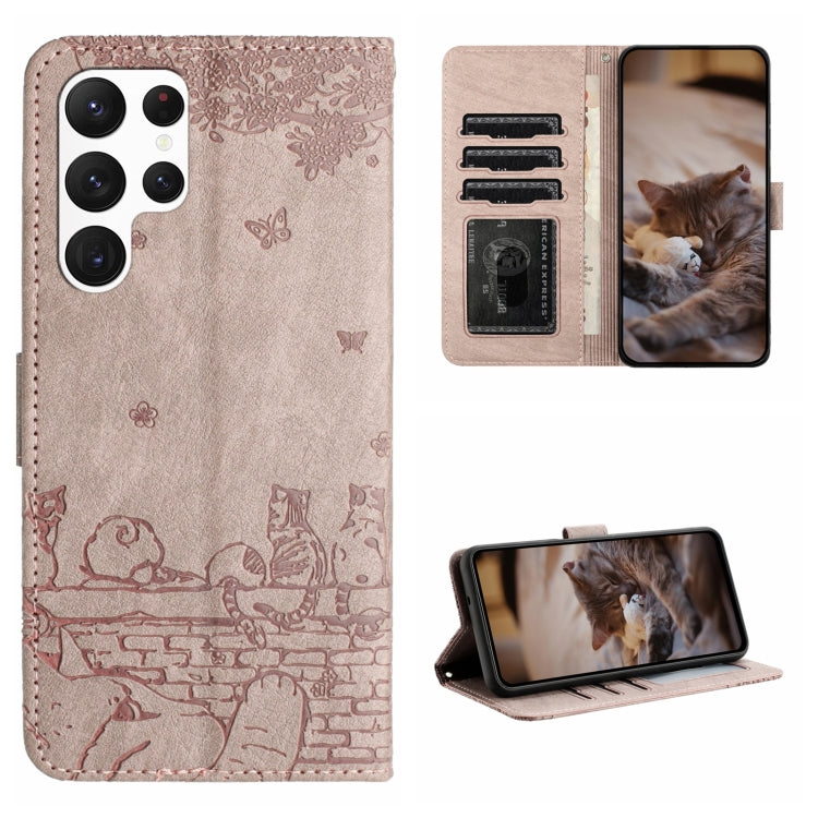 For Samsung Galaxy S22 Ultra Cat Embossing Pattern Leather Phone Case with Lanyard(Grey) - Galaxy S22 Ultra 5G Cases by buy2fix | Online Shopping UK | buy2fix