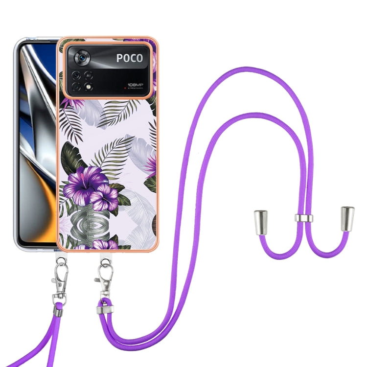 For Xiaomi Poco X4 Pro 5G Electroplating IMD TPU Phone Case with Lanyard(Purple Flower) - Xiaomi Cases by buy2fix | Online Shopping UK | buy2fix