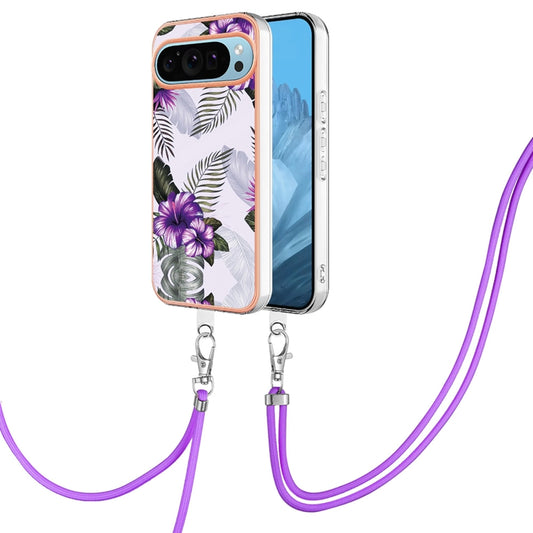 For Google Pixel 9 Pro XL Electroplating IMD TPU Phone Case with Lanyard(Purple Flower) - Google Cases by buy2fix | Online Shopping UK | buy2fix