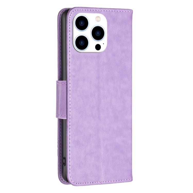 For iPhone 16 Pro Embossing Two Butterflies Pattern Leather Phone Case(Purple) - iPhone 16 Pro Cases by buy2fix | Online Shopping UK | buy2fix