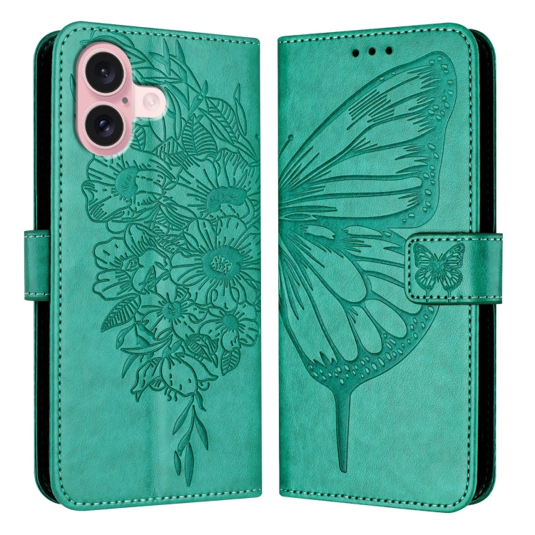 For iPhone 16 Embossed Butterfly Leather Phone Case(Green) - iPhone 16 Cases by buy2fix | Online Shopping UK | buy2fix