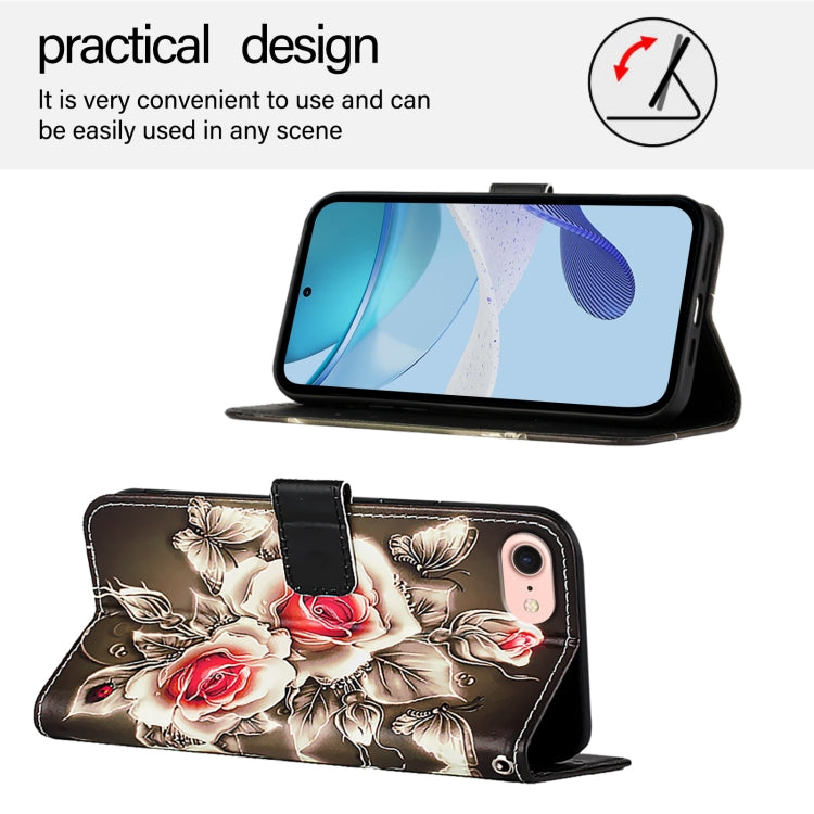 For iPhone SE 2024 Colored Drawing Pattern Plain Weave Leather Phone Case(Roses On Black) - More iPhone Cases by buy2fix | Online Shopping UK | buy2fix