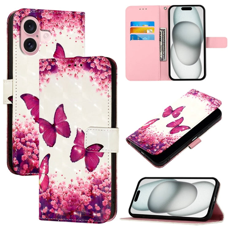 For iPhone 16 3D Painting Horizontal Flip Leather Phone Case(Rose Butterfly) - iPhone 16 Cases by buy2fix | Online Shopping UK | buy2fix