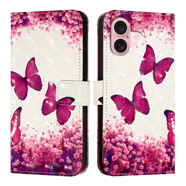 For iPhone 16 3D Painting Horizontal Flip Leather Phone Case(Rose Butterfly) - iPhone 16 Cases by buy2fix | Online Shopping UK | buy2fix