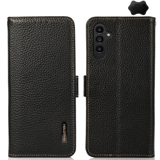 For Samsung Galaxy M34 5G KHAZNEH Side-Magnetic Litchi Genuine Leather RFID Phone Case(Black) - Galaxy Phone Cases by buy2fix | Online Shopping UK | buy2fix