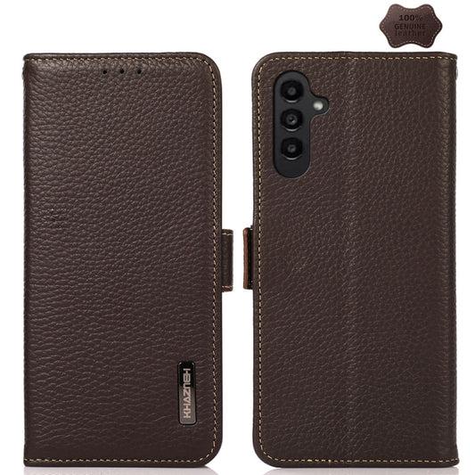 For Samsung Galaxy M34 5G KHAZNEH Side-Magnetic Litchi Genuine Leather RFID Phone Case(Brown) - Galaxy Phone Cases by buy2fix | Online Shopping UK | buy2fix