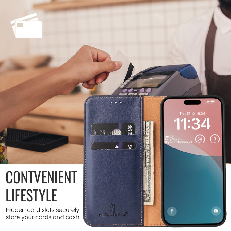 For iPhone 16 Fierre Shann PU Genuine Leather Texture Phone Case(Blue) - iPhone 16 Cases by FIERRE SHANN | Online Shopping UK | buy2fix