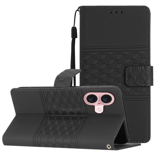 For iPhone 16 Diamond Embossed Skin Feel Leather Phone Case(Black) - iPhone 16 Cases by buy2fix | Online Shopping UK | buy2fix